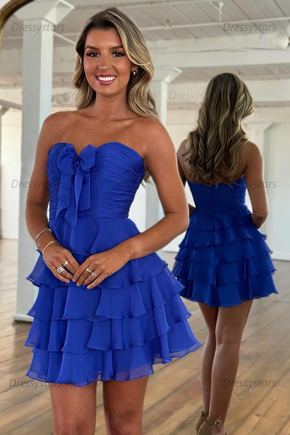 Dressystars A Line Homecoming Dresses Blue Tulle Sweetheart Tiered Cocktail Dresses