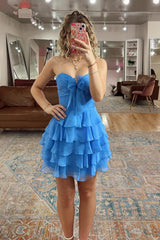 Dressystars A Line Homecoming Dresses Blue Tulle Sweetheart Tiered Cocktail Dresses