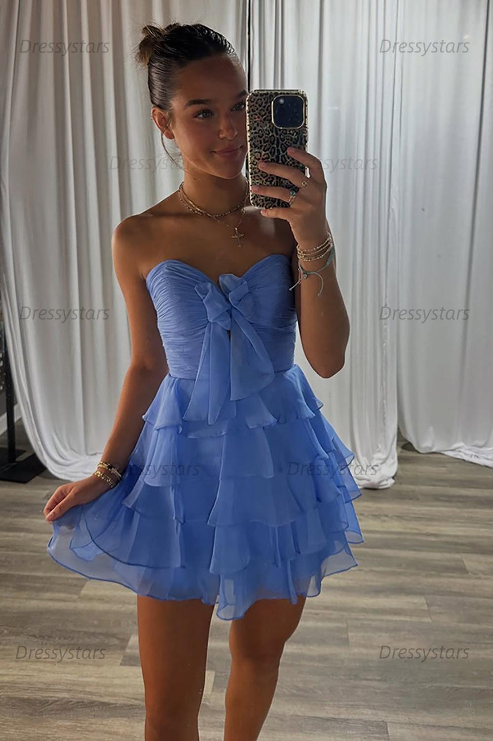 Dressystars A Line Homecoming Dresses Blue Tulle Sweetheart Tiered Cocktail Dresses