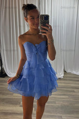 Dressystars A Line Homecoming Dresses Blue Tulle Sweetheart Tiered Cocktail Dresses