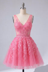 Dressystars A Line Hot Pink Lace Appliqued V-Neck Short Homecoming Dress
