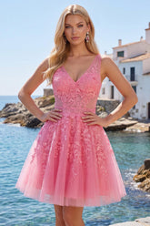 Dressystars A Line Hot Pink Lace Appliqued V-Neck Short Homecoming Dress