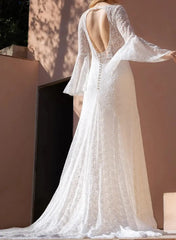 Dressystars A Line Illusion Neck Long Sleeves Sweep Train Matte Satin Wedding Dress with Lace