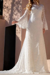 Dressystars A Line Illusion Neck Long Sleeves Sweep Train Matte Satin Wedding Dress with Lace