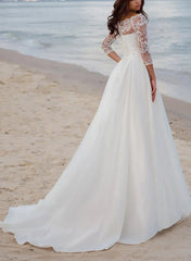 Dressystars A Line Illusion Neck Three Quarter Sleeves Court Train Satin Wedding Dress with Appliques