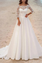 Dressystars A Line Illusion Neck Three Quarter Sleeves Court Train Satin Wedding Dress with Appliques