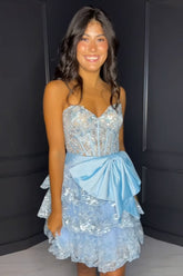 Dressystars A Line Light Blue Homecoming Dress Strapless Short Prom Dress with Bow