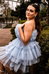 Dressystars A-Line Light Blue Homecoming Dress Strapless Tiered Tulle Short Prom Dress