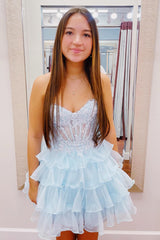 Dressystars A-Line Light Blue Homecoming Dress Sweetheart Corset Short Prom Dress with Ruffles