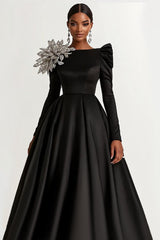 Dressystars A-Line Long Black Wedding Guest Dress Satin Boat Neck Formal Dress With Long Sleeves