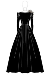 Dressystars A-Line Long Black Wedding Guest Dress Satin Boat Neck Formal Dress With Long Sleeves