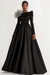 Dressystars A-Line Long Black Wedding Guest Dress Satin Boat Neck Formal Dress With Long Sleeves