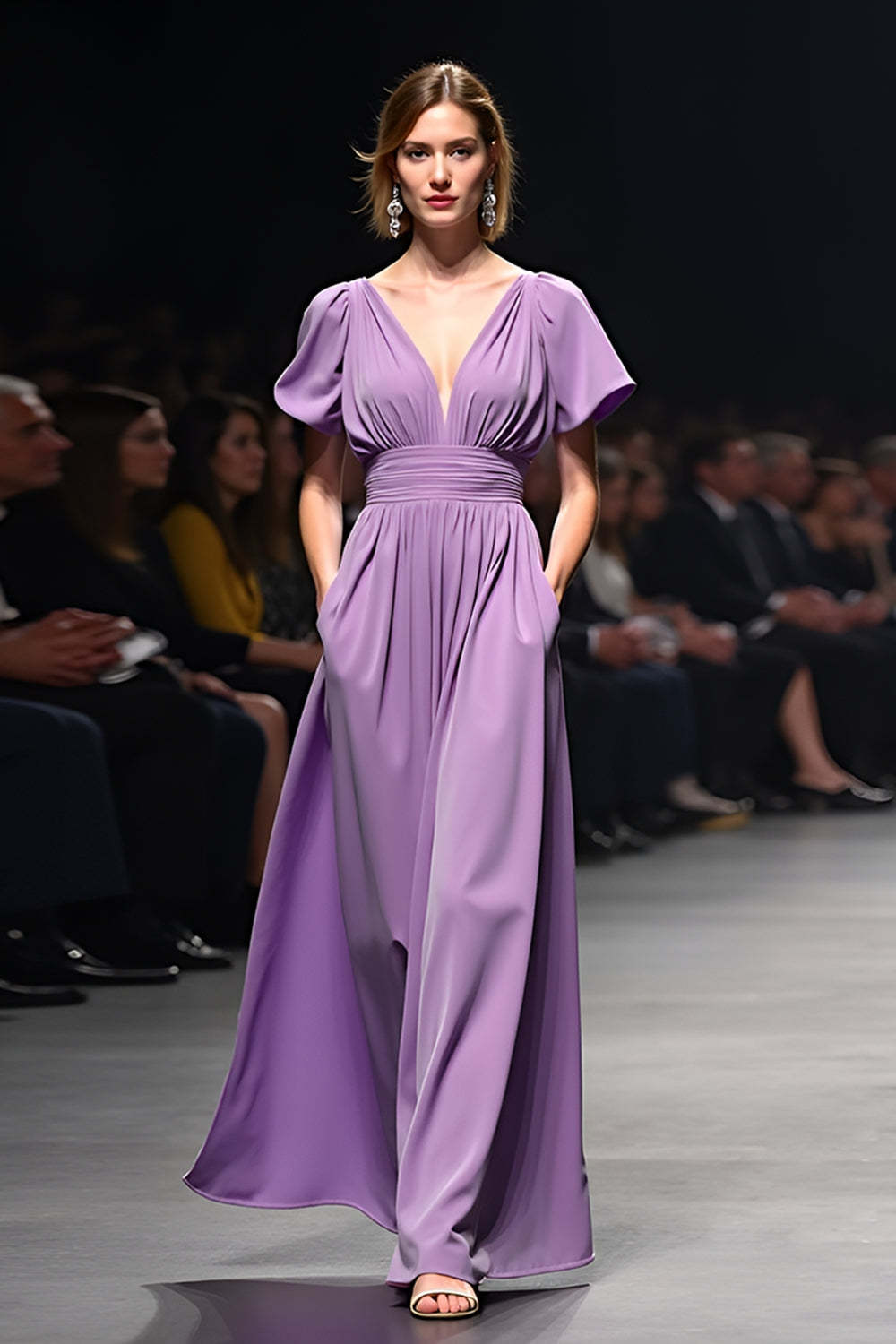 Dressystars A Line Long Purple Wedding Guest Dress V-Neck Wedding Guest Dress With Short Sleeves
