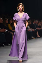 Dressystars A Line Long Purple Wedding Guest Dress V-Neck Wedding Guest Dress With Short Sleeves