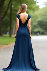 Dressystars A Line Navy Wedding Guest Dress V-Neck Long Formal Dress With Cap Sleeves
