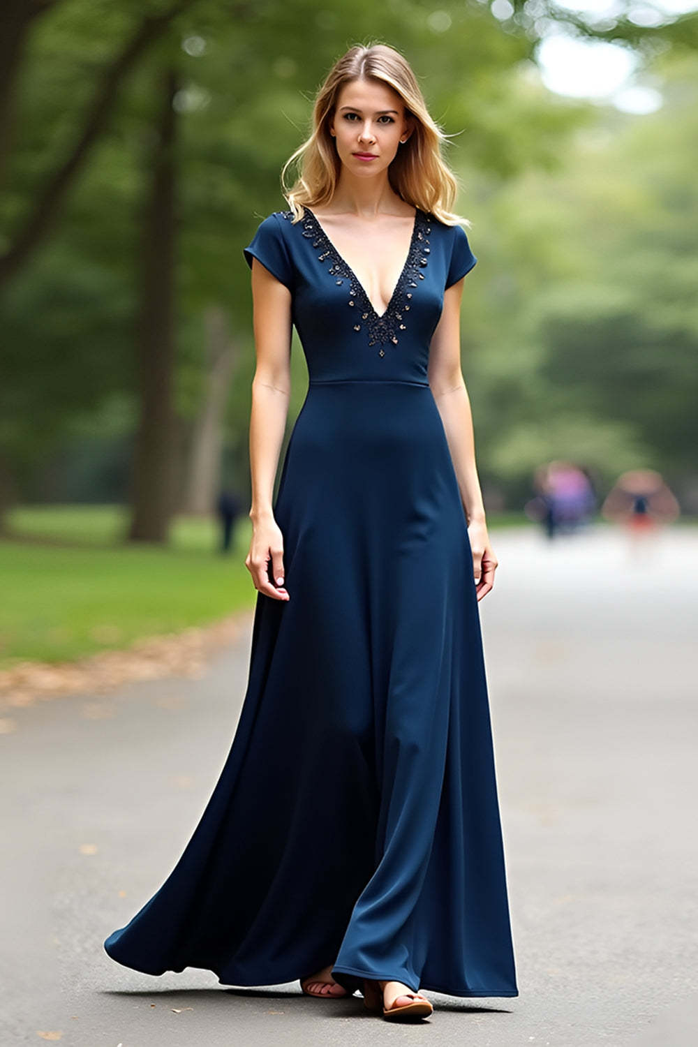 Dressystars A Line Navy Wedding Guest Dress V-Neck Long Formal Dress With Cap Sleeves