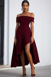 Dressystars A Line Off The Shoulder Burgundy Wedding Guest Dress High-Low Formal Dress