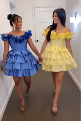 Dressystars A -Line Off The Shoulder Golden Homecoming Dress Corset Short Prom Dress with Ruffles