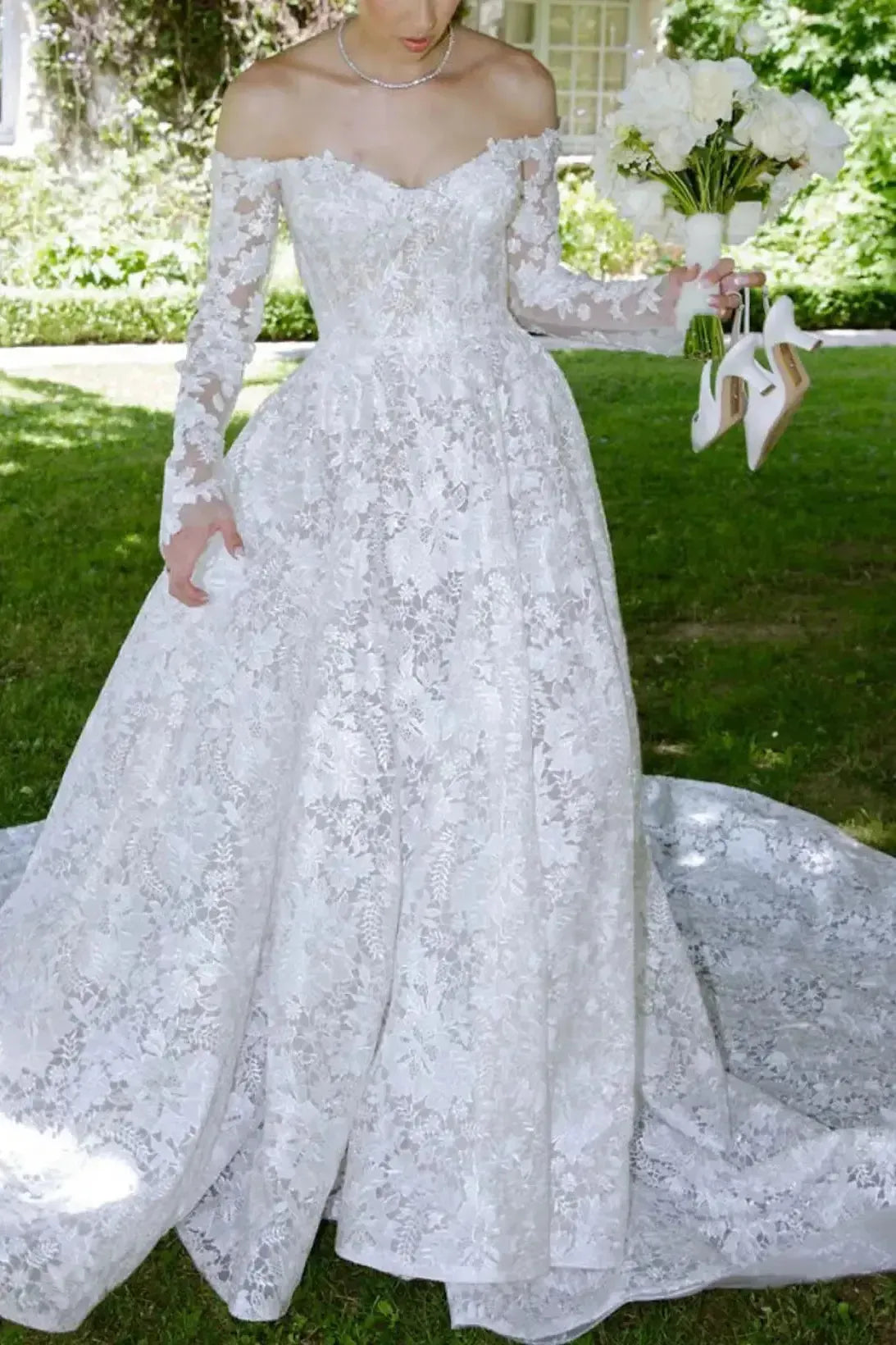 Dressystars A Line Off the Shoulder Long Sleeves Cathedral Lace Wedding Dress with Appliques