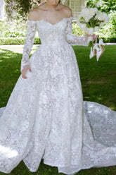 Dressystars A Line Off the Shoulder Long Sleeves Cathedral Lace Wedding Dress with Appliques