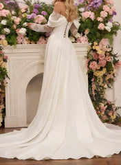 Dressystars A Line Off the Shoulder Long Sleeves Court Train Lace Wedding Dress with Front Slit