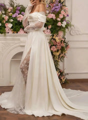 Dressystars A Line Off the Shoulder Long Sleeves Court Train Lace Wedding Dress with Front Slit