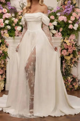 Dressystars A Line Off the Shoulder Long Sleeves Court Train Lace Wedding Dress with Front Slit