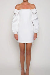 Dressystars A Line Off the Shoulder Long Sleeves Short Mini Elastic Satin Wedding Dress with Bow