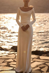 Dressystars A Line Off the Shoulder Long Sleeves Sweep Train Elastic Satin Wedding Dress