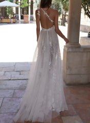 Dressystars A Line One Shoulder Sleeveless Sweep Train Tulle Wedding Dress with Appliques and High Slit