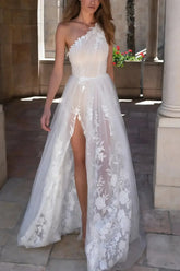Dressystars A Line One Shoulder Sleeveless Sweep Train Tulle Wedding Dress with Appliques and High Slit