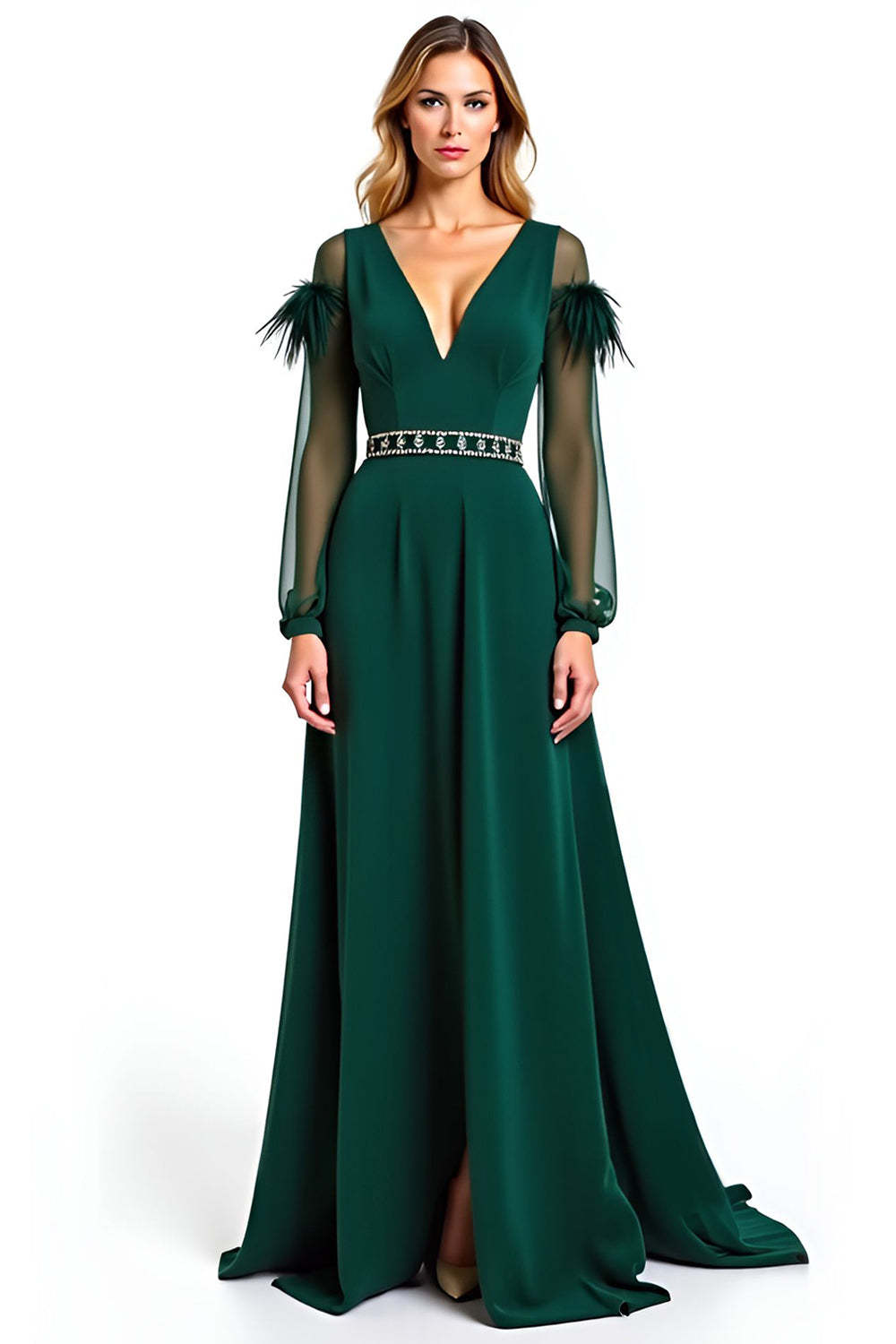 Dressystars A Line Pine V-Neck Long Formal Dress With Feather