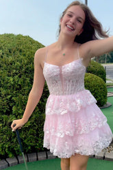 Dressystars A Line Pink Homecoming Dress Corset Short Prom Dress with Lace-Up Back
