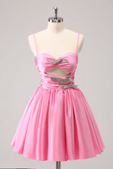 Dressystars A Line Pink Homecoming Dress Spaghetti Straps Tiered Short Prom Dress with Bow