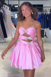 Dressystars A Line Pink Homecoming Dress Spaghetti Straps Tiered Short Prom Dress with Bow