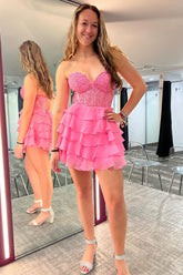 Dressystars A Line Pink Homecoming Dress Strapless Corset Short Prom Dress with Ruffles