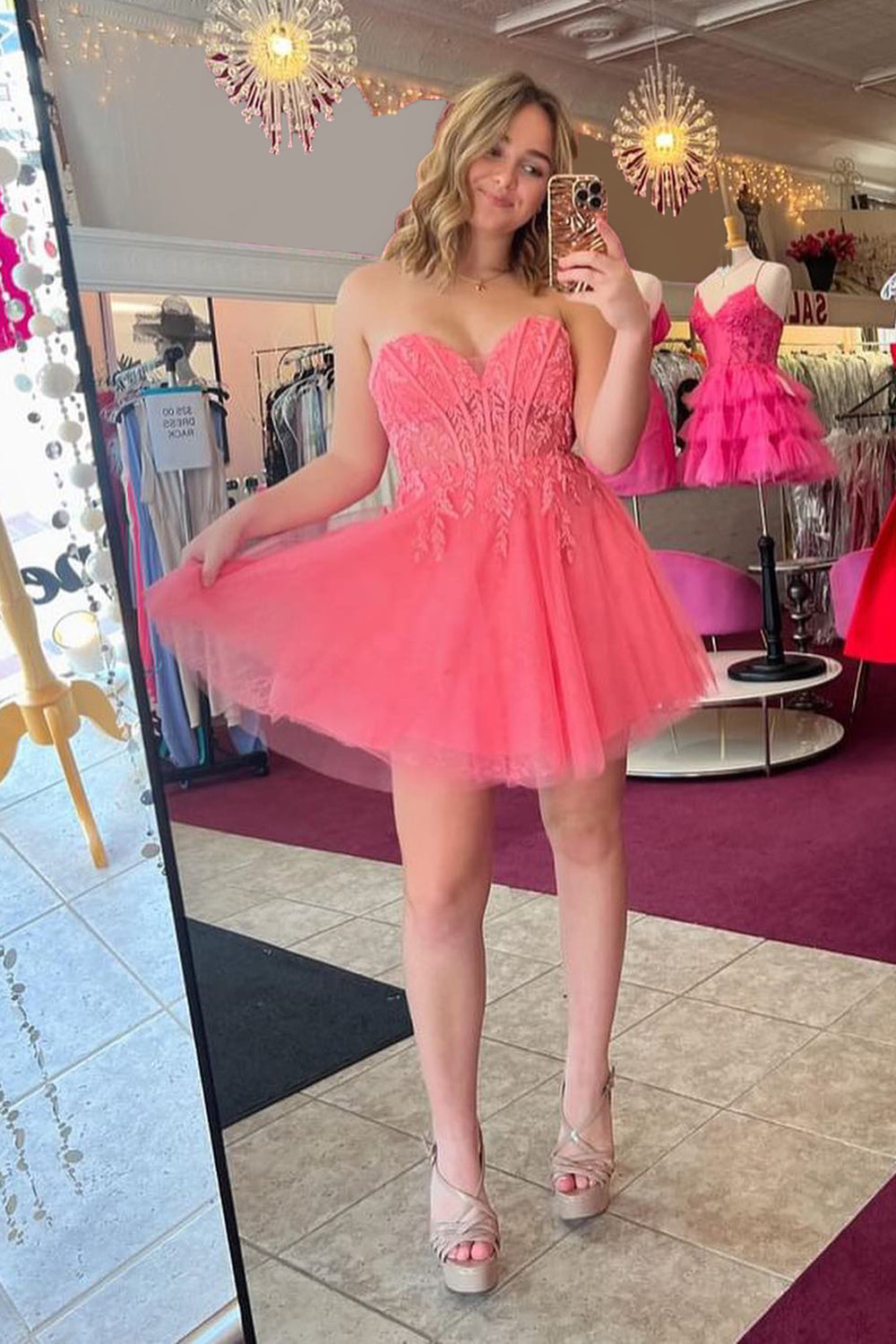 Dressystars A-Line Pink Homecoming Dress Sweetheart Corset Tulle Short Prom Dress with Appliques