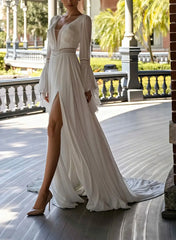 Dressystars A Line Plunge Neck Long Sleeves Chapel Train Chiffon Lace Wedding Dress with Pockets and High Slit