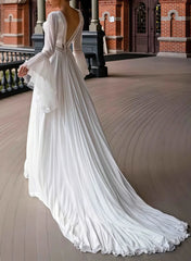Dressystars A Line Plunge Neck Long Sleeves Chapel Train Chiffon Lace Wedding Dress with Pockets and High Slit