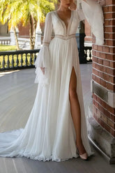 Dressystars A Line Plunge Neck Long Sleeves Chapel Train Chiffon Lace Wedding Dress with Pockets and High Slit