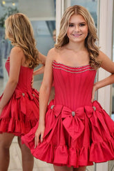 Dressystars A Line Red Homecoming Dress Strapless Corset Short Prom Dress With Bows