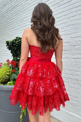 Dressystars A Line Red Homecoming Dress Strapless Corset Short Prom Dress with Bow