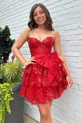 Dressystars A Line Red Homecoming Dress Strapless Corset Short Prom Dress with Bow