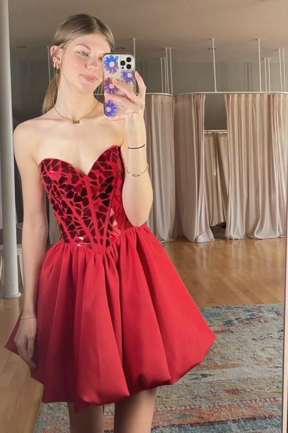 Dressystars A-Line Red Homecoming Dress Strapless Mirror Pleated Short Prom Dress