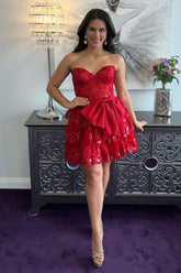 Dressystars A Line Red Homecoming Dress Strapless Short Prom Dress with Bow