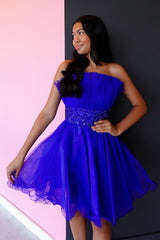 Dressystars A-Line Royal Blue Homecoming Dress Strapless Tulle Short Prom Dress with Sequin