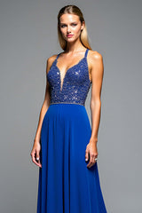 Dressystars A Line Royal Blue Wedding Guest Dress Long Chiffon Formal Dress With Beading
