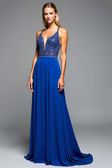 Dressystars A Line Royal Blue Wedding Guest Dress Long Chiffon Formal Dress With Beading
