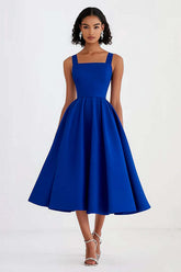 Dressystars A Line Royal Blue Wedding Guest Dress Square Neck Knee-Length Formal Dress