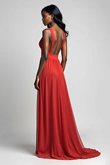 Dressystars A Line Ruched Red Wedding Guest Dress Backless Long Formal Dress